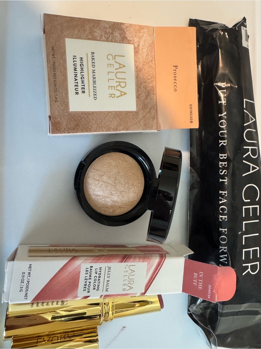 Laura Geller Baked Marbled Highlighter - Prosecco, Brush and Hydration Lip Color